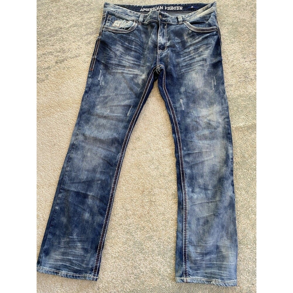 American Fighter Heritage Jeans Sz 38 Long Blue Bootcut Denim Acid Wash Stretch